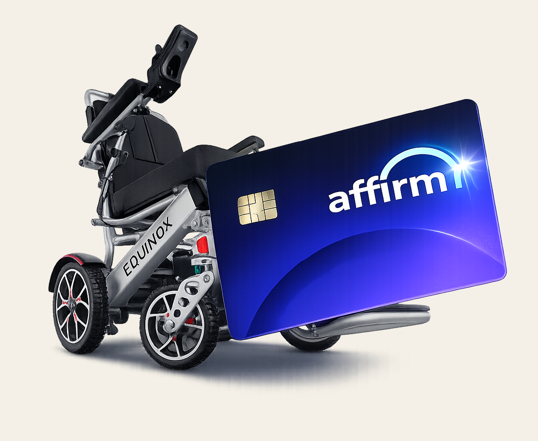 Electric wheelchair with an Affirm credit card on a white background