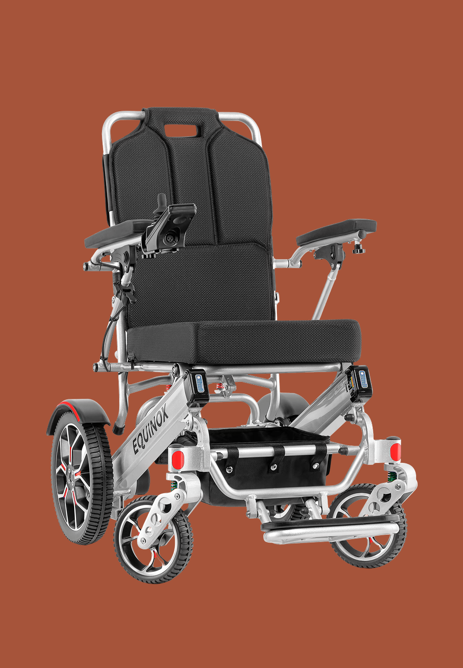Discover ultimate freedom with the Muvon Equinox Power Wheelchair. This compact, folding electric wheelchair features reclining comfort, removable footrests, flip-up armrests for easy transfers, and effortless joystick control. Perfect for active travel. Buy now.