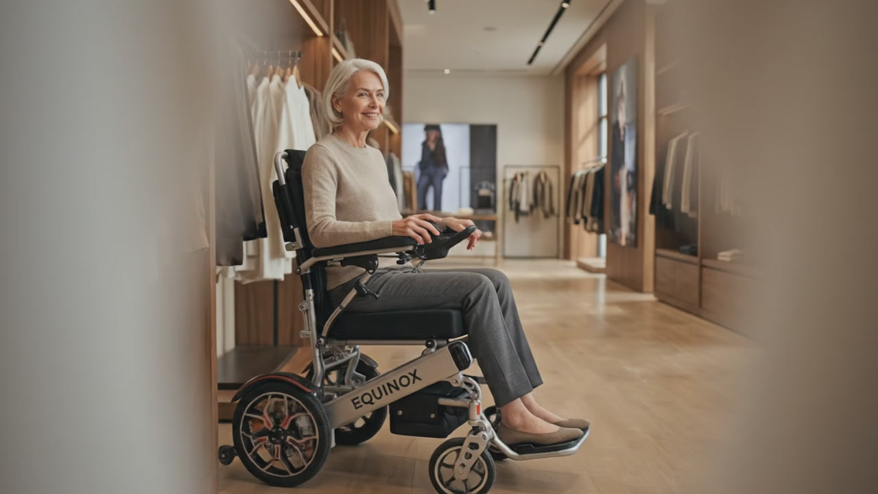 Load video: A realistic cinematic video inside a modern, warm-toned clothing boutique. An elderly woman sitting in an Equinox power wheelchair slowly moves independently through the store, browsing clothing racks.While moving around the store, the woman naturally controls the wheelchair using the joystick with her hand. Her hand gently operates the joystick as she drives forward and slightly turns between clothing display.
