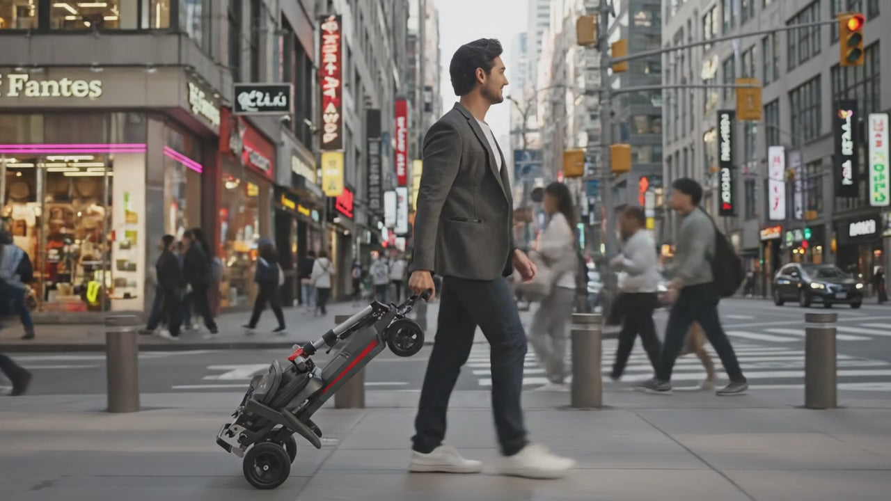 A man walks through a crowded urban street while carrying a compact Muvon One Mobility Scooter. Pedestrians move around him as he navigates the busy environment with ease, holding the folded scooter securely by its handle. The scene highlights the scooter’s lightweight, portable design and its convenience for use in active, everyday city life.