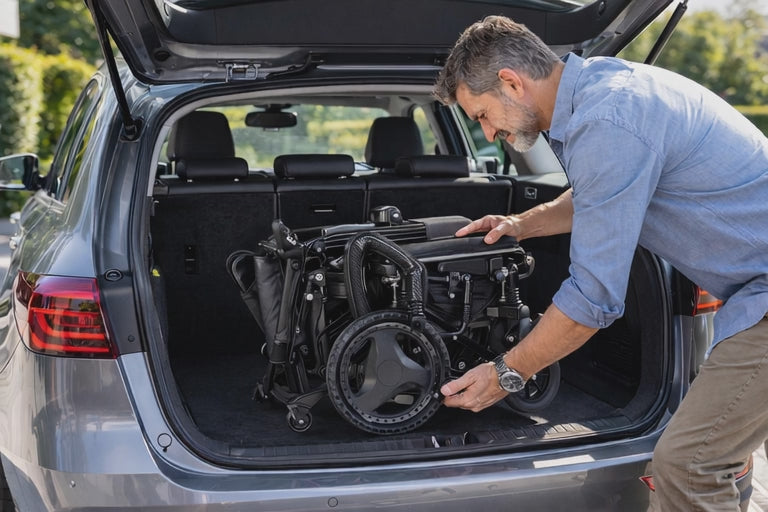 Load video: Cinematic video of a middle-aged man placing a Harvey Carbon Power Wheelchair into the trunk of a modern SUV. The scene takes place outdoors in soft, natural daylight with warm tones. The car’s trunk is open, revealing a clean, spacious interior. The man, dressed casually in a light blue shirt and neutral pants, carefully lifts and adjusts the compact, folded wheelchair with both hands, positioning it securely inside the trunk.