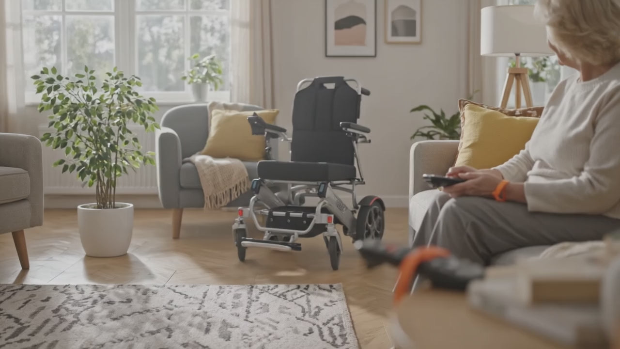 Load video: A senior woman sitting on a sofa in a beautiful living room, holding Muvon Power Equinox wheelchair remote control. Her power wheelchair starts at the far end of the room and slowly moves toward her. 