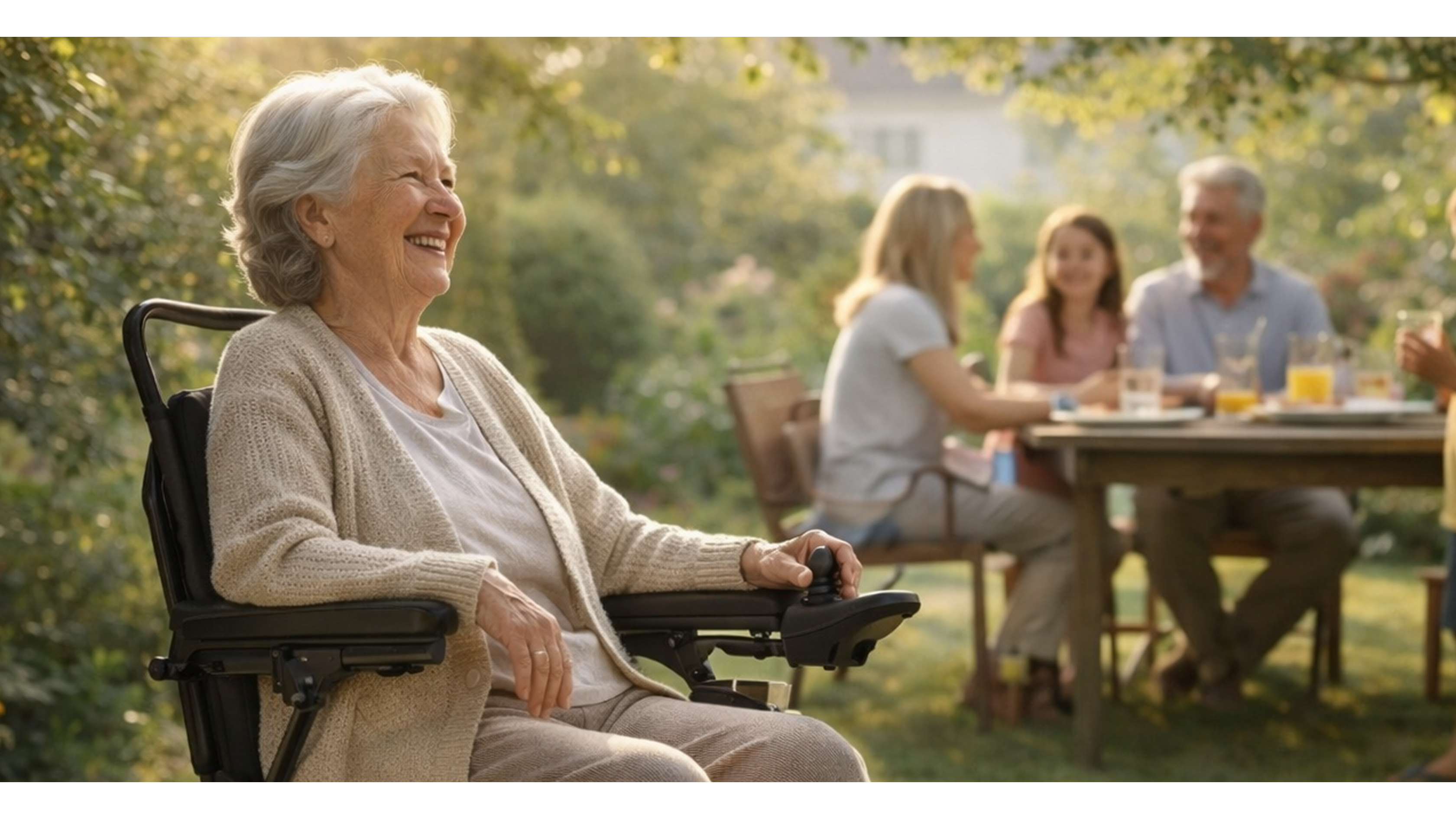 Smiling elderly woman using a Muvon Mobility brand powered wheelchair in a sunny garden while family members enjoy a meal together in the background